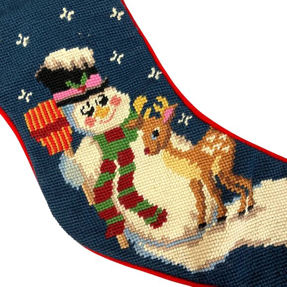 Imperial Elegance Christmas Stocking Snowman Rudolph Velvet Needlepoint Vintage - Picture 3 of 12